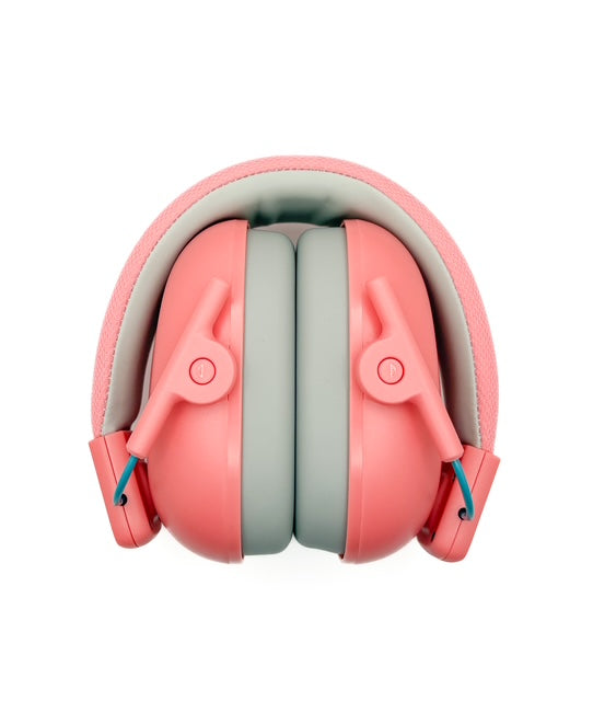 Pink children's headphones with gray ear cushions