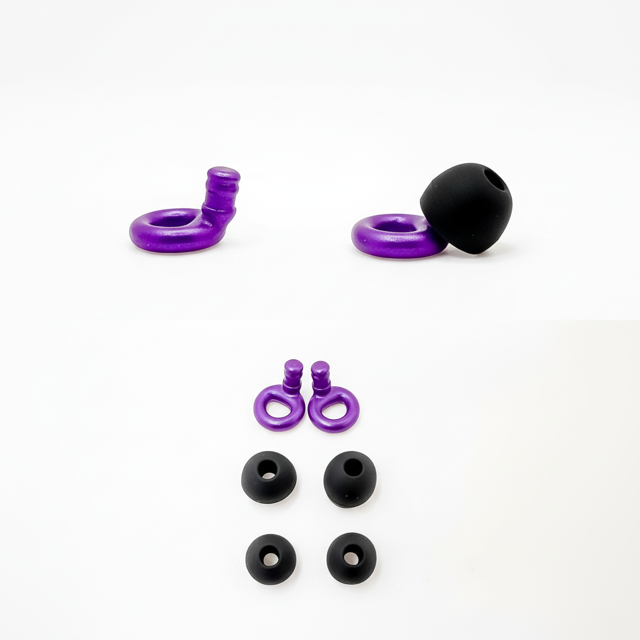 Black earbud tips with silver hooks on a white background