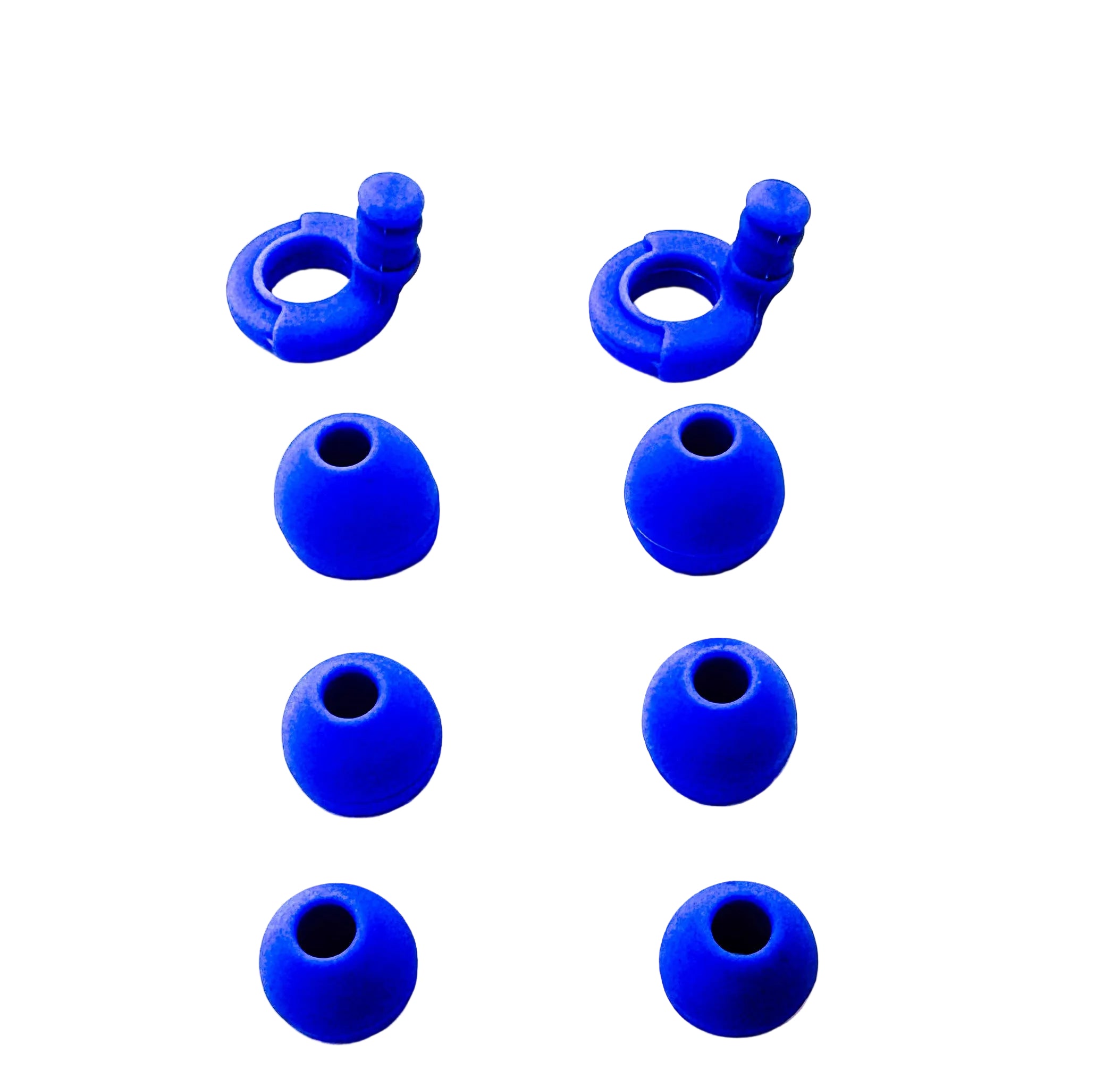 Blue silicone Ollybud tips arranged on a white background