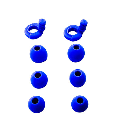 Blue silicone Ollybud tips arranged on a white background