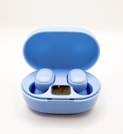 Blue wireless earbuds in their charging case on a white background