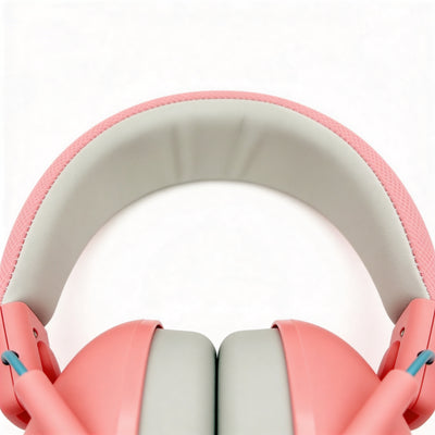 Close-up of pink and gray headphones on a white background