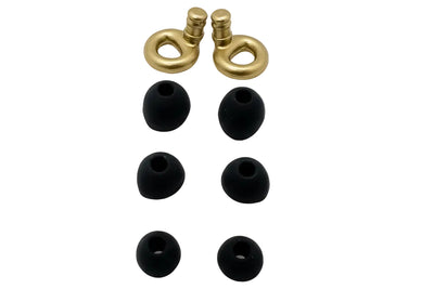 Gold Ollybuds  black silicone beads on a white background