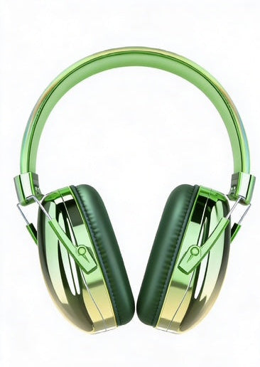 Green and gold headphones with a close-up of the earpiece on a white background