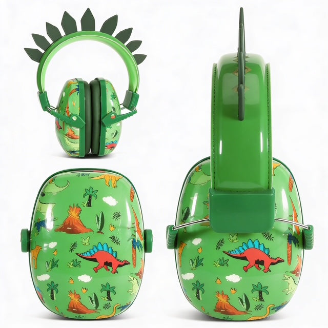 Green children's headphones with dinosaur design on a white background