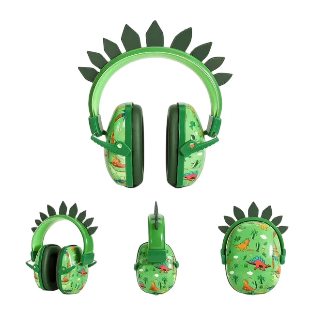 Green dinosaur-themed headphones with a white background