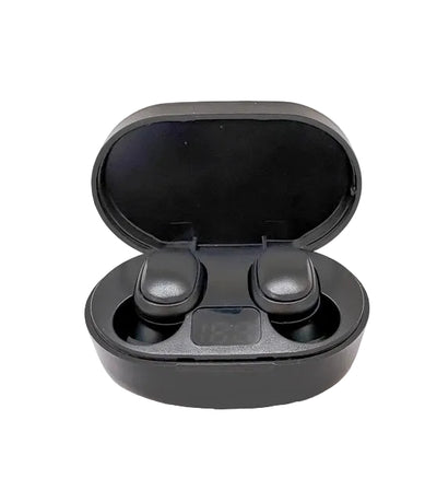 Black wireless earbuds in an open case on a white background