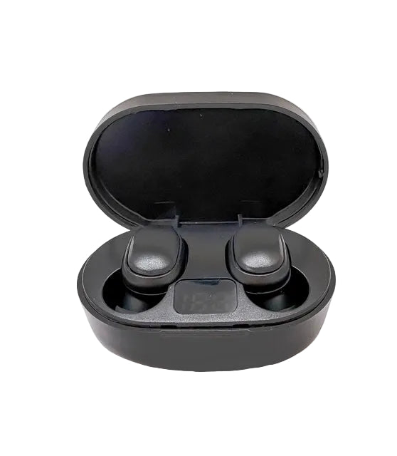 Black wireless earbuds in an open case on a white background