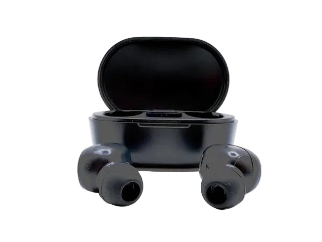 Black wireless earbuds with charging case on a white background