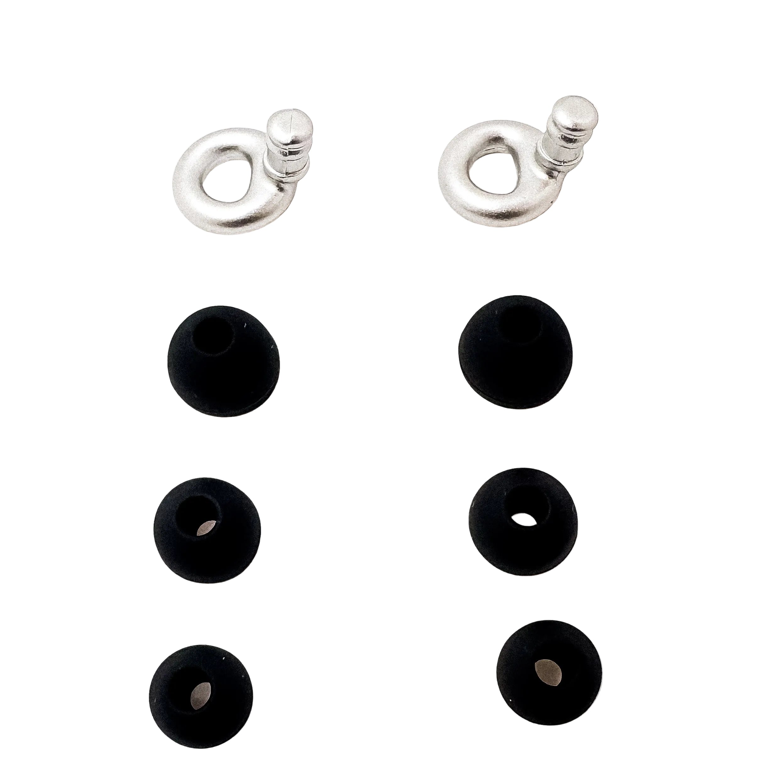 Pair of silver ollybuds with black silicone ends on a white background