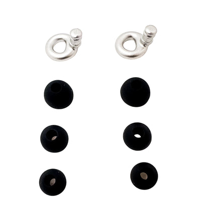 Pair of silver ollybuds with black silicone ends on a white background