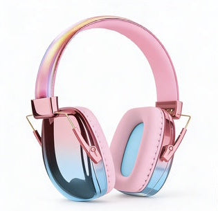 Pink and blue gradient headphones with a close-up of a person wearing them.