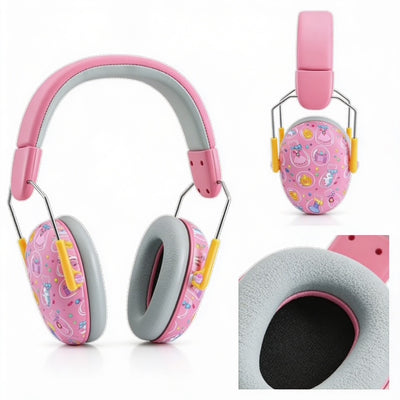 Pink children's headphones with cartoon designs on a white background