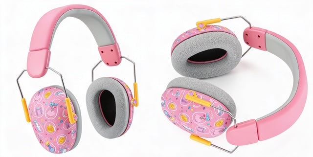 Pink children's headphones with cartoon designs, shown on a white background and worn by a child in a bedroom.