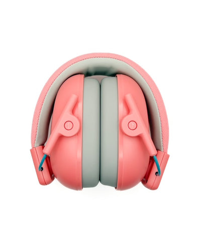 Pink children's headphones with gray ear cushions on a white background