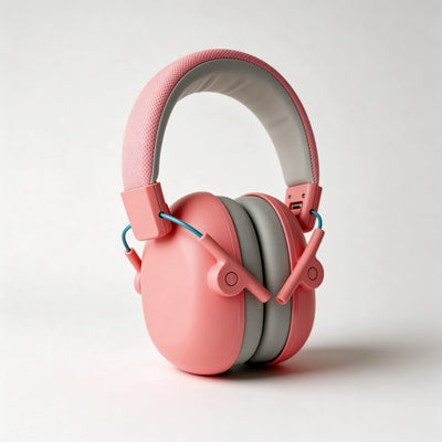 Pink headphones with gray interior on a light gray background