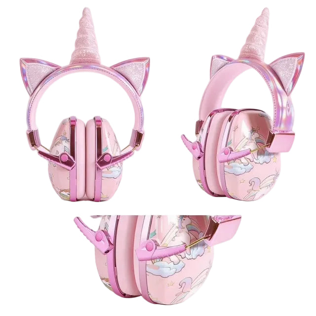 Pink unicorn-themed headphones with a horn and cloud designs on a light pink background.