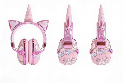 Pink unicorn-themed headphones with decorative elements on a white background