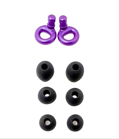 Purple ollybuds and black rubber grommets on a white background