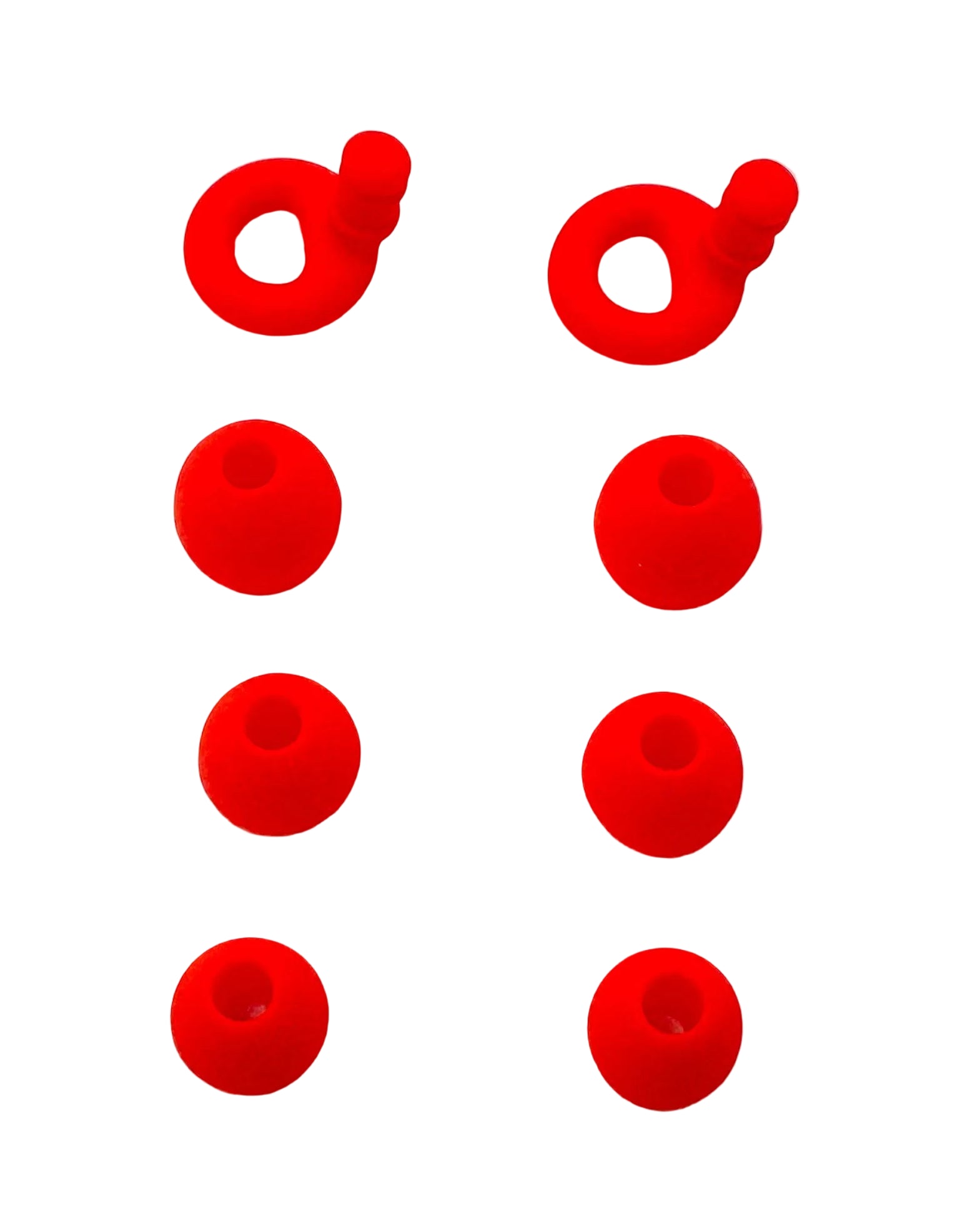 Red silicone Ollybuds on a white background