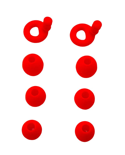 Red silicone Ollybuds on a white background