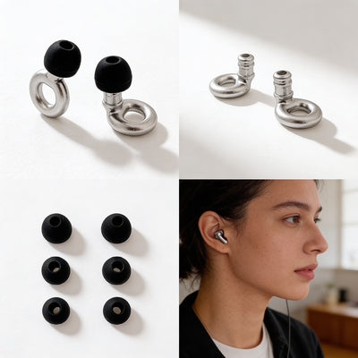 Set of black earbud tips and silver charging case on a white background, with a person wearing an earbud.