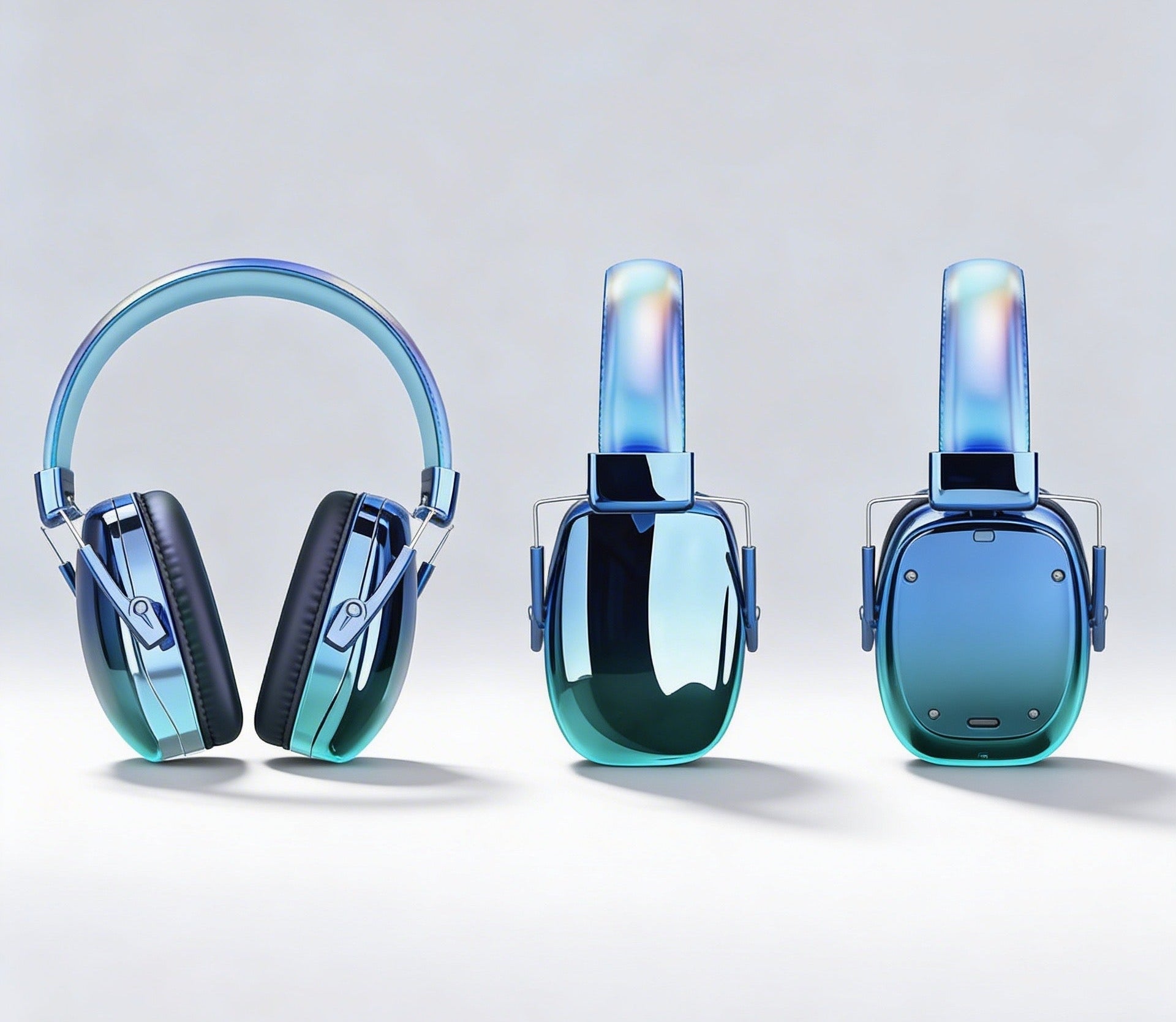 Set of gradient blue and green headphones on a light gray background