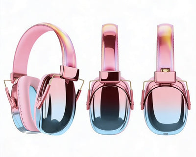 Set of pink and blue gradient headphones with bow accents on a white background