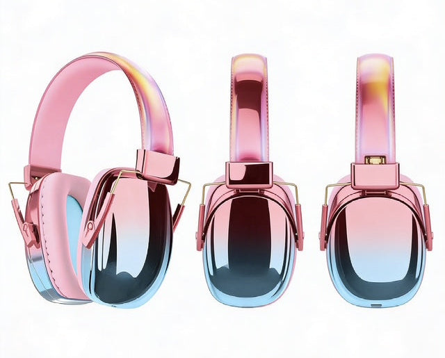 Set of pink and blue gradient headphones with bow accents on a white background