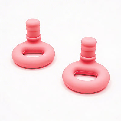 Two pink earbuds  on a white background
