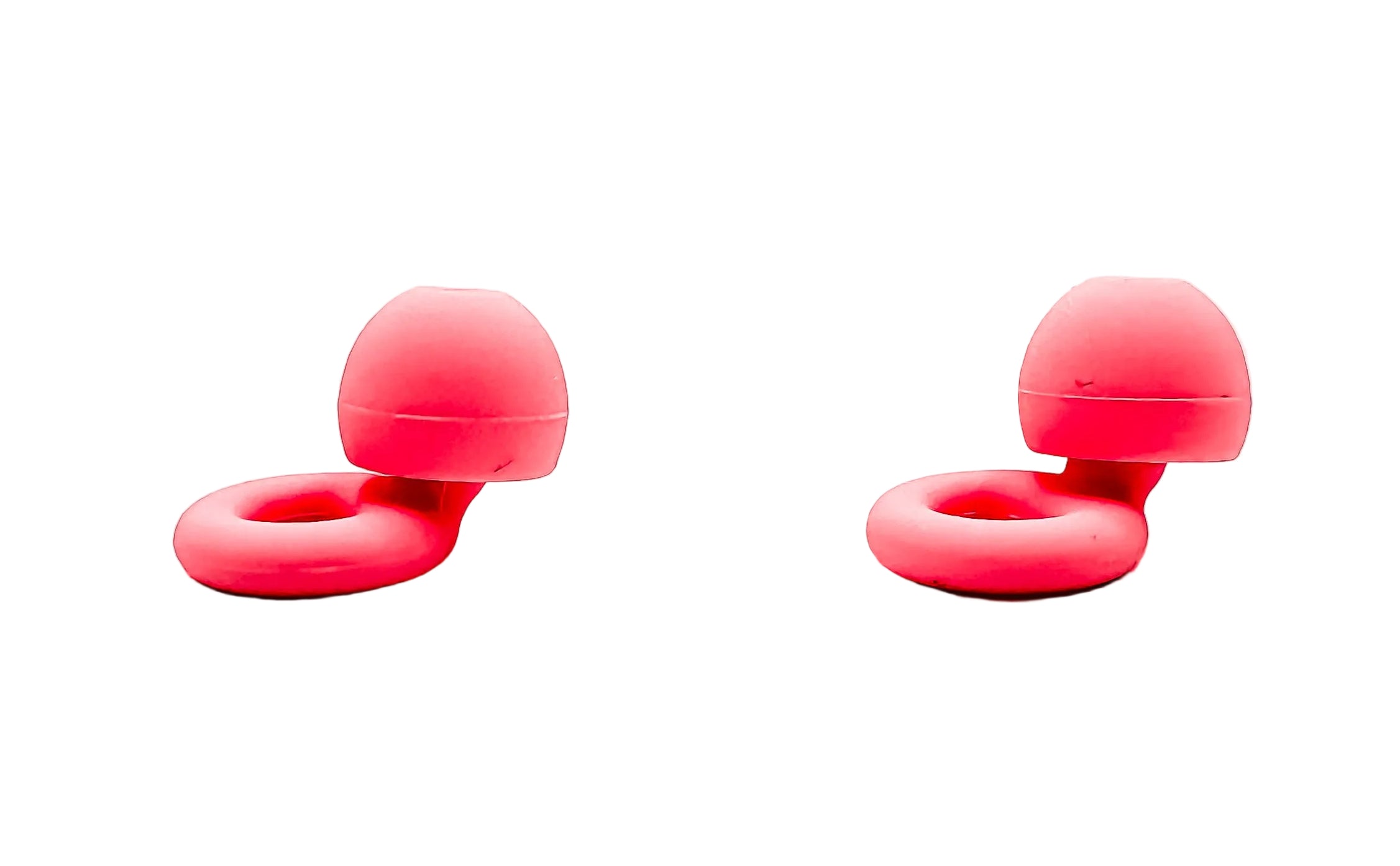 Two pink silicone ollybuds on a white background