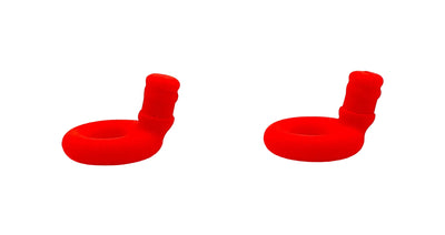 Two red silicone earbud tips on a white background