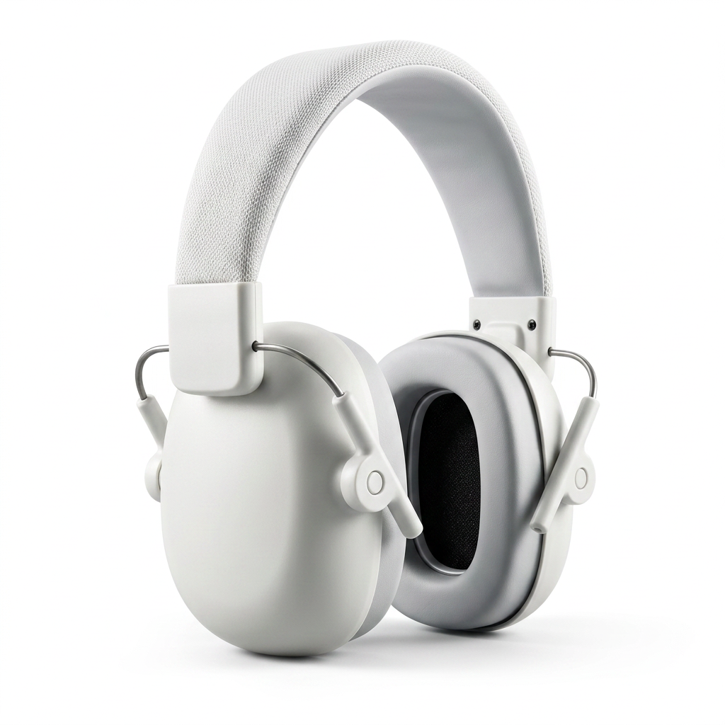White children's headphones with grey ear cushions, side view