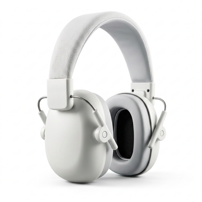 White children's headphones with grey ear cushions, side view