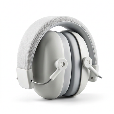 White kids noise reducing headphones on a light grey background